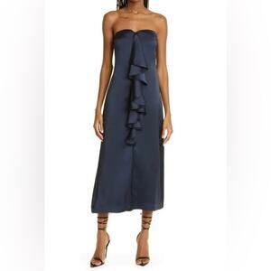 Ramy Brook Venice Strapless Ruffle Midi Dress Navy Women’s Sz 2